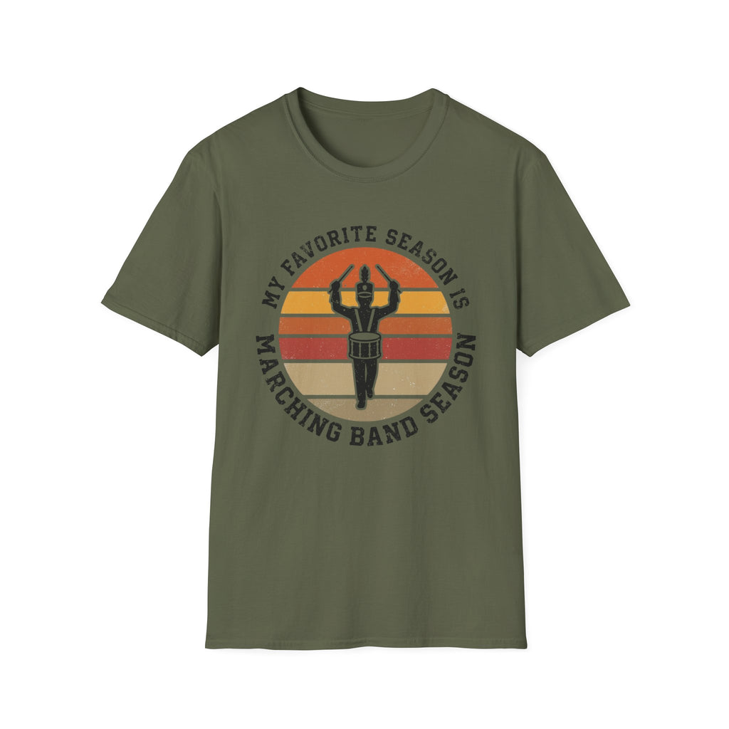 "My Favorite Season Is Marching Band Season" Retro Sunset Drumline Tee